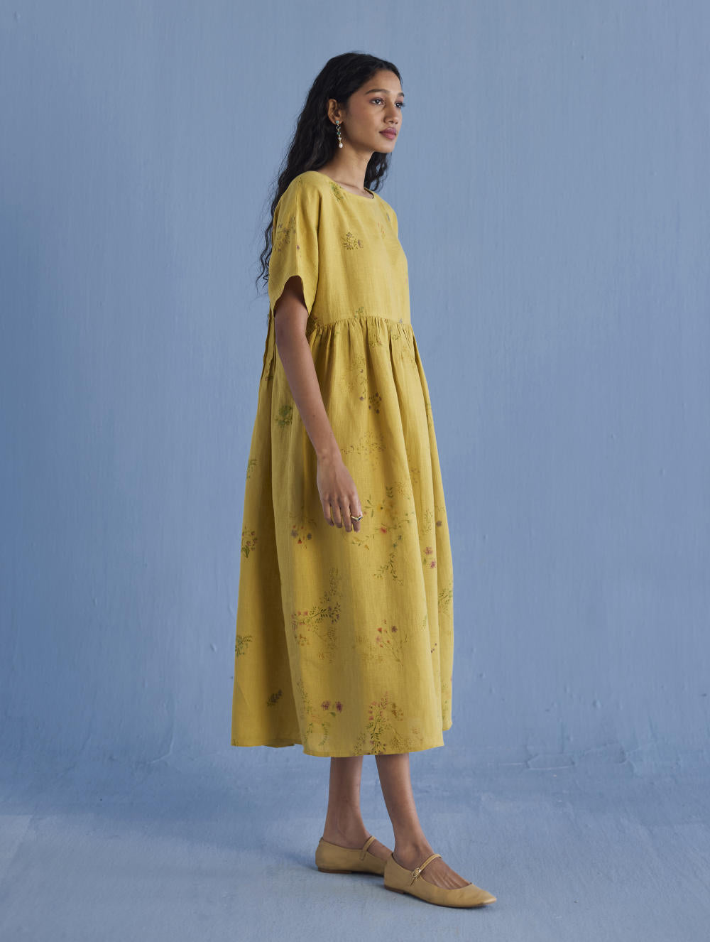 Rasa Floral Printed Sheer Linen Dress - Ochre