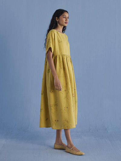 Rasa Floral Printed Sheer Linen Dress - Ochre