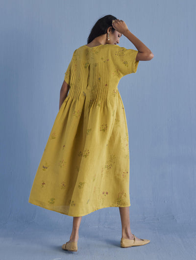 Rasa Floral Printed Sheer Linen Dress - Ochre