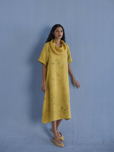 Imara Cowl Neck Linen Dress - Ochre