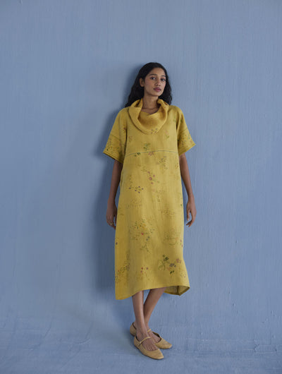 Imara Cowl Neck Linen Dress - Ochre