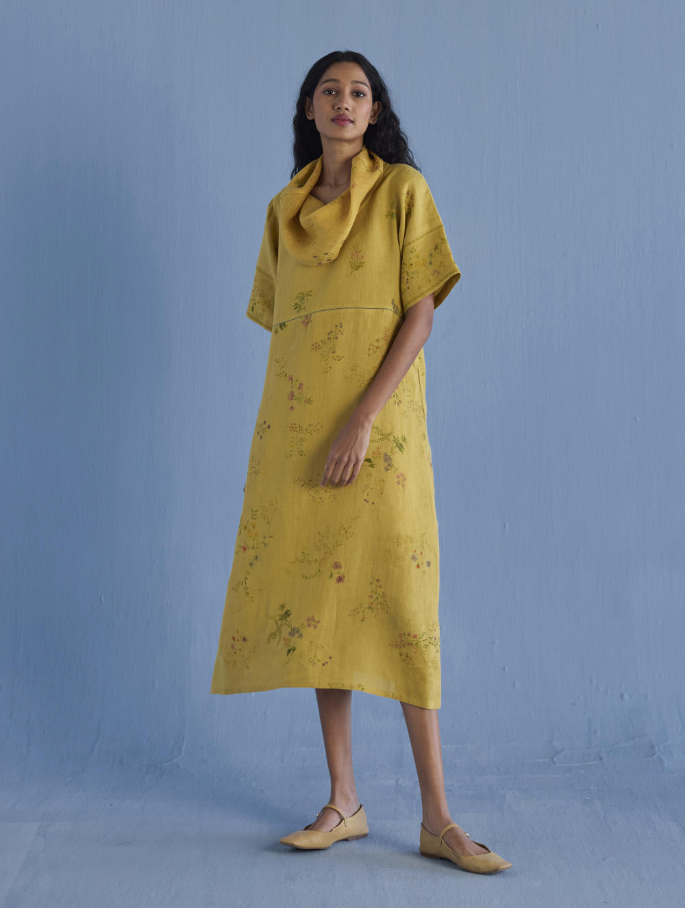 Imara Cowl Neck Linen Dress - Ochre