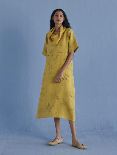 Imara Cowl Neck Linen Dress - Ochre
