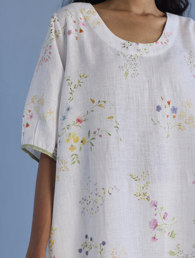 Nami Floral Printed Linen Dress - White