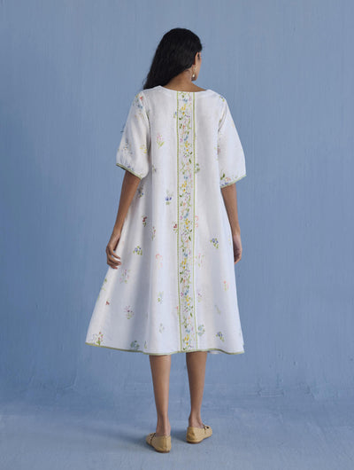 Nami Floral Printed Linen Dress - White