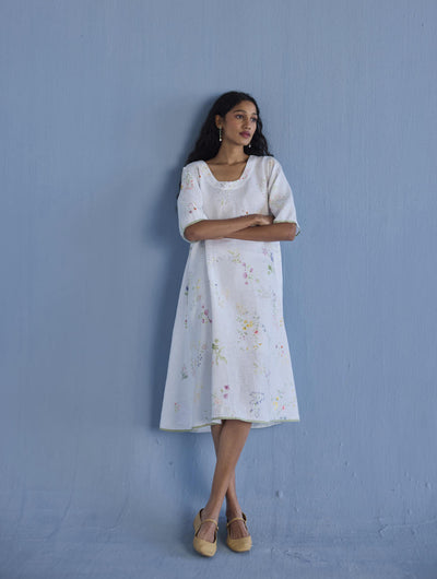Nami Floral Printed Linen Dress - White
