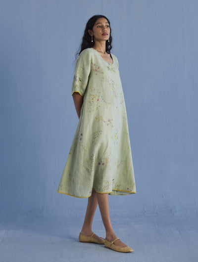 Nami Floral Printed Linen Dress - Mint