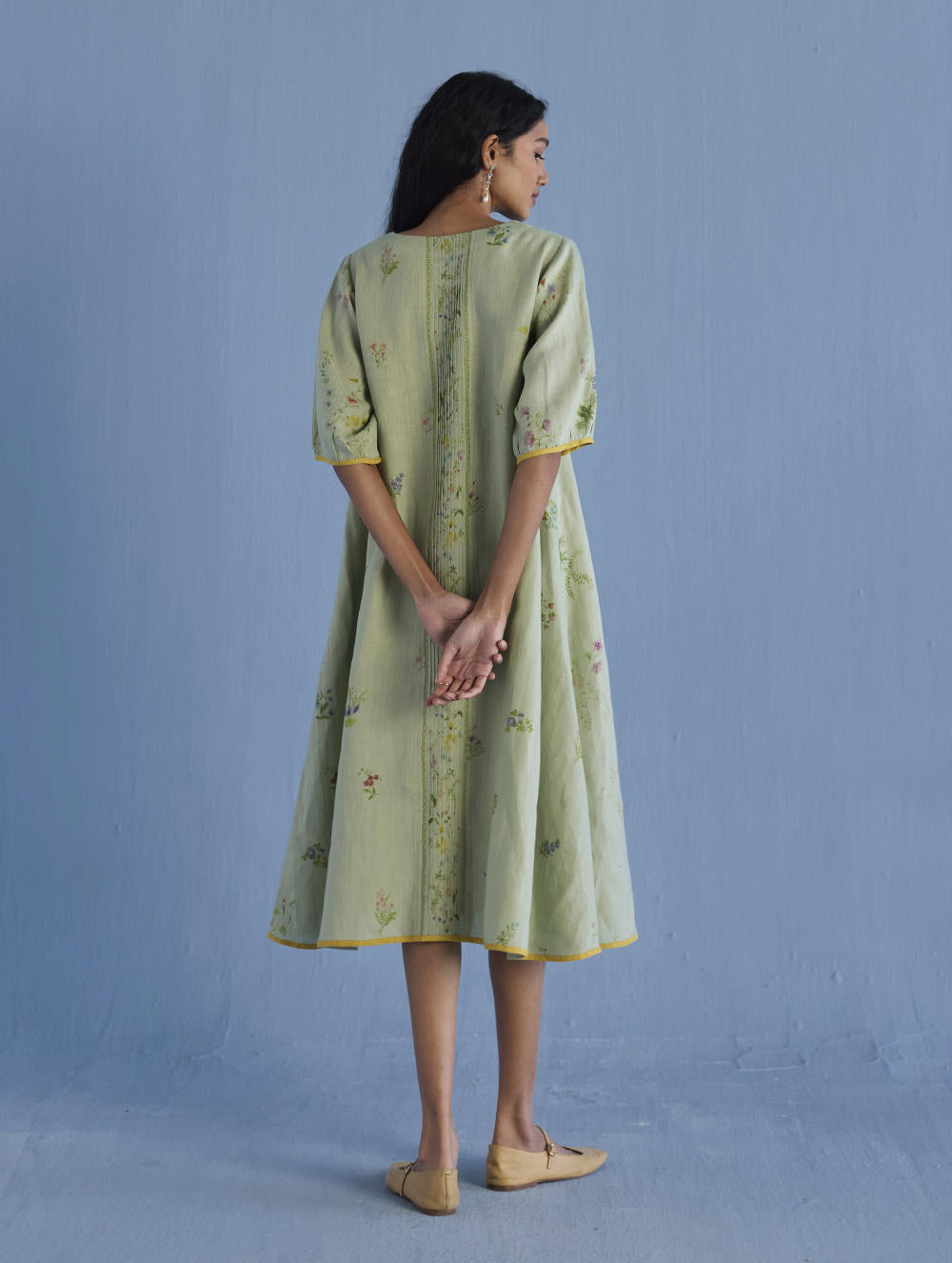 Nami Floral Printed Linen Dress - Mint