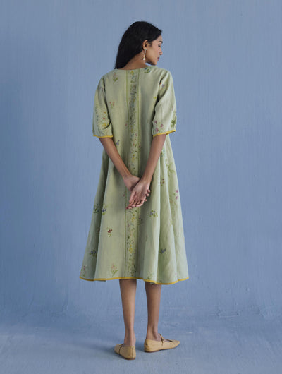 Nami Floral Printed Linen Dress - Mint