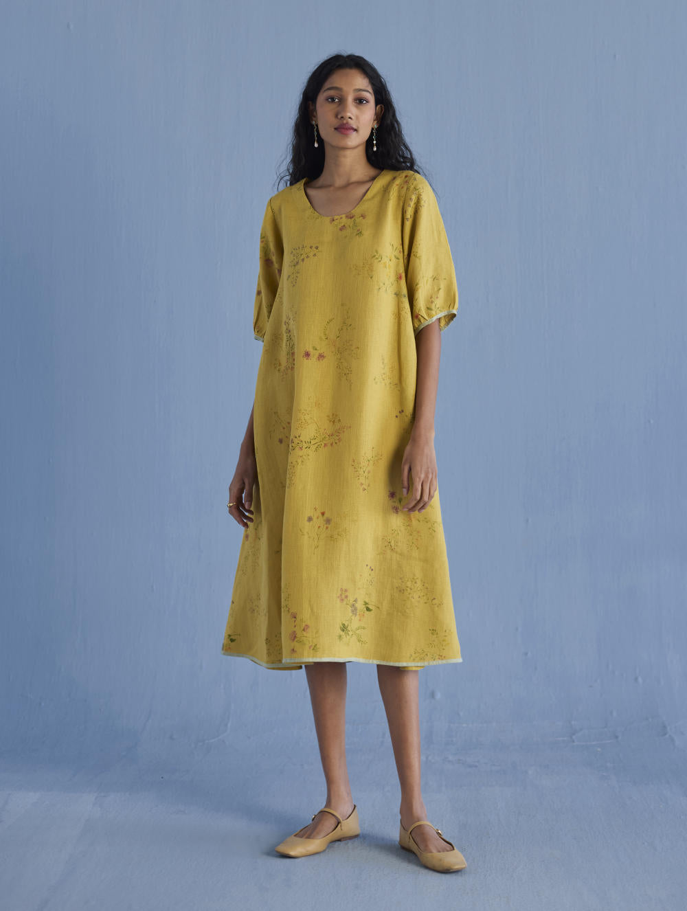 Nami Floral Printed Linen Dress - Ochre