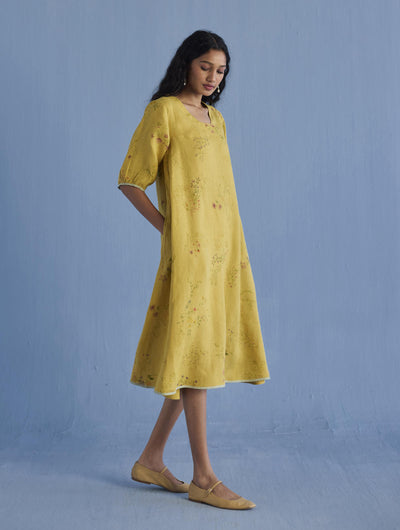 Nami Floral Printed Linen Dress - Ochre