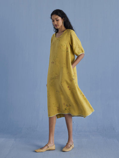 Nami Floral Printed Linen Dress - Ochre
