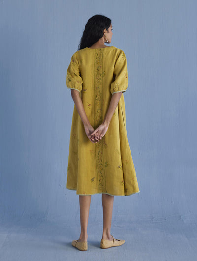Nami Floral Printed Linen Dress - Ochre