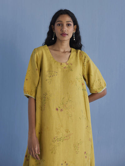 Nami Floral Printed Linen Dress - Ochre