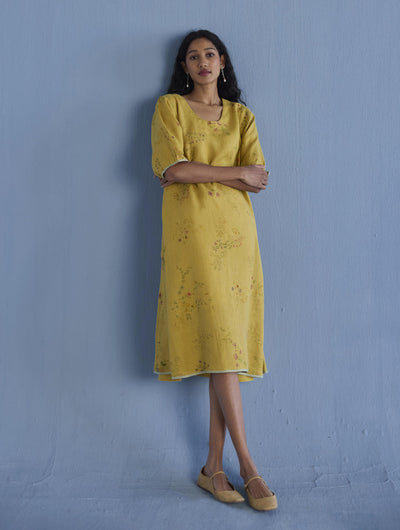 Nami Floral Printed Linen Dress - Ochre