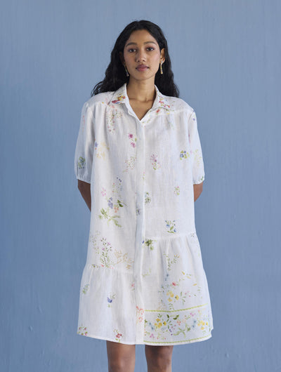 Sia Hand-Embroidered Floral Dress - White