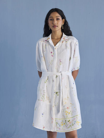 Sia Hand-Embroidered Floral Dress - White