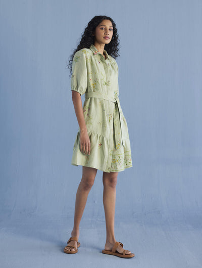 Sia Hand-Embroidered Floral Dress - Mint