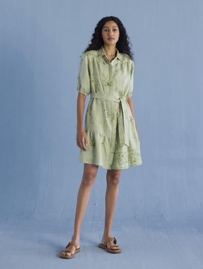 Sia Hand-Embroidered Floral Dress - Mint