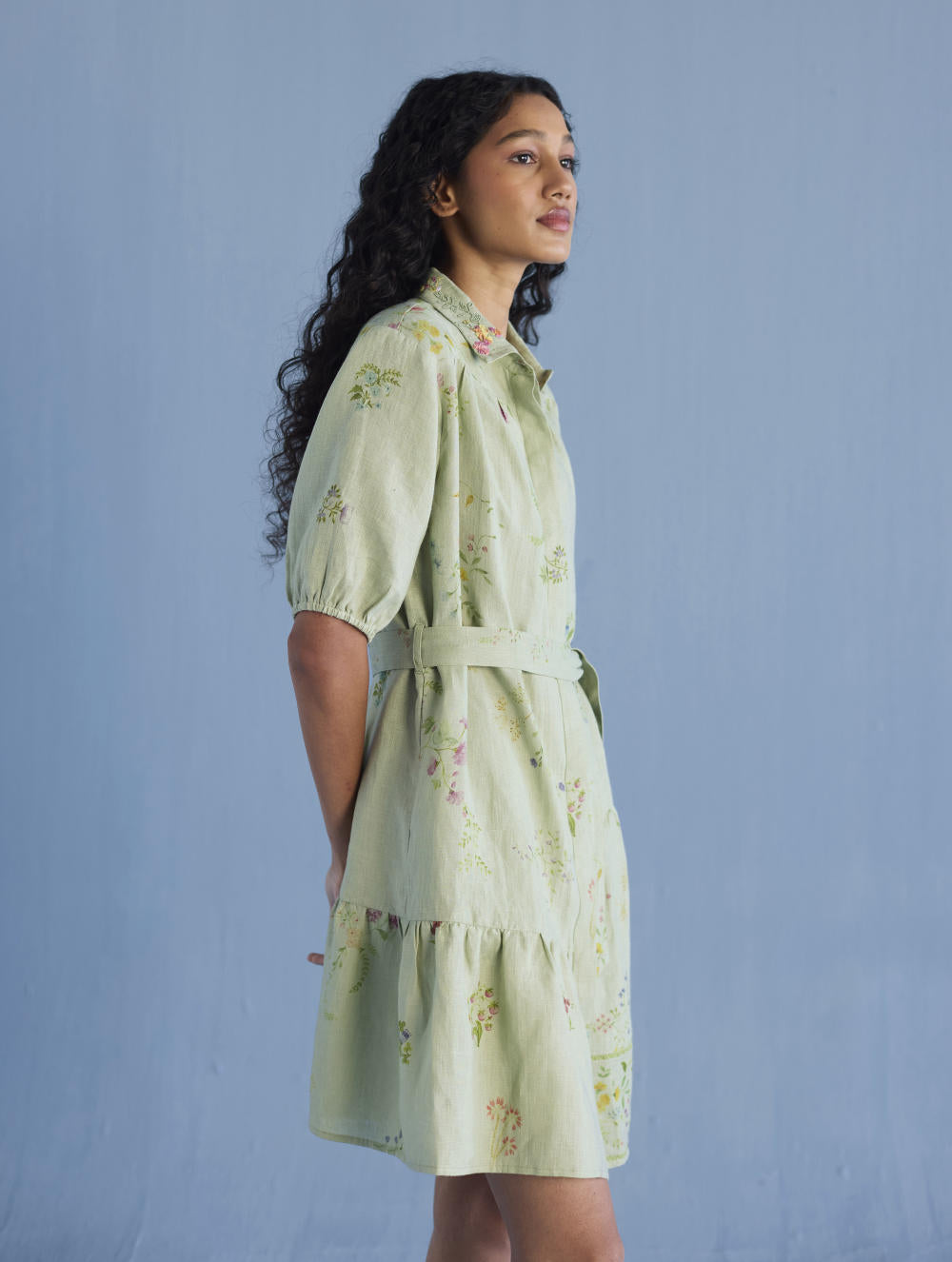 Sia Hand-Embroidered Floral Dress - Mint