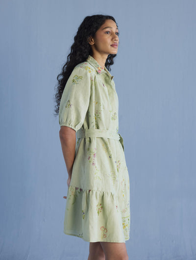 Sia Hand-Embroidered Floral Dress - Mint