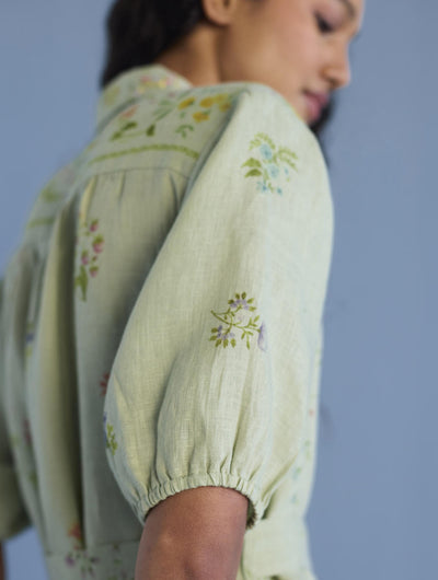 Sia Hand-Embroidered Floral Dress - Mint