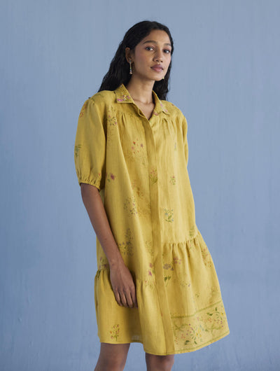 Sia Hand-Embroidered Floral Dress - Ochre