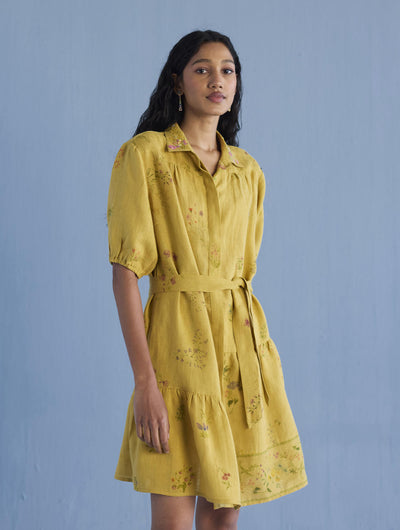 Sia Hand-Embroidered Floral Dress - Ochre