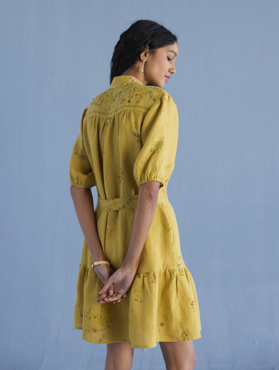 Sia Hand-Embroidered Floral Dress - Ochre