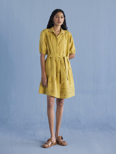 Sia Hand-Embroidered Floral Dress - Ochre