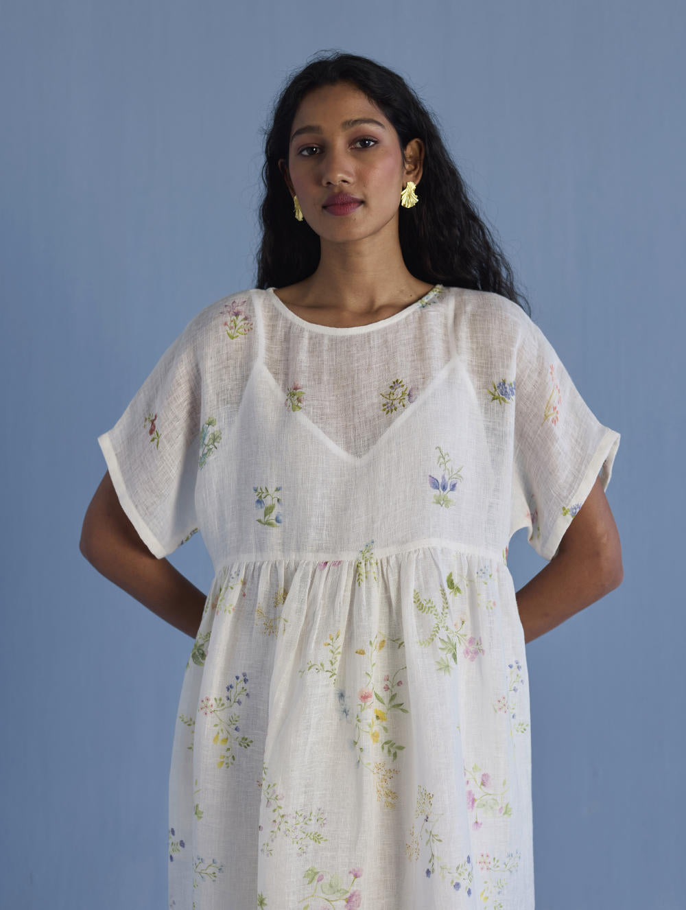 Uniko Pleated Floral Linen Dress - White