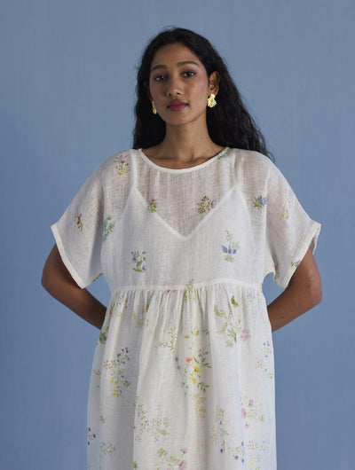Uniko Pleated Floral Linen Dress - White