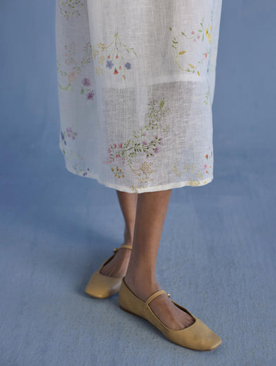 Uniko Pleated Floral Linen Dress - White