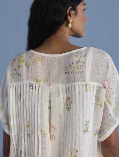 Uniko Pleated Floral Linen Dress - White