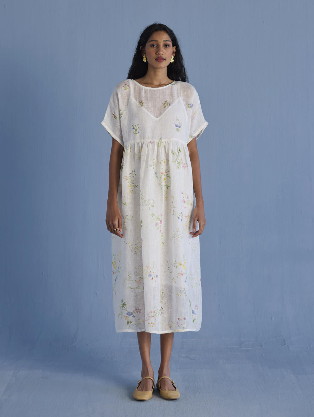 Uniko Pleated Floral Linen Dress - White