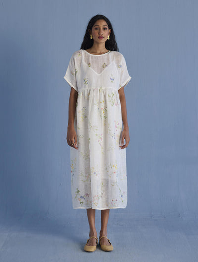 Uniko Pleated Floral Linen Dress - White