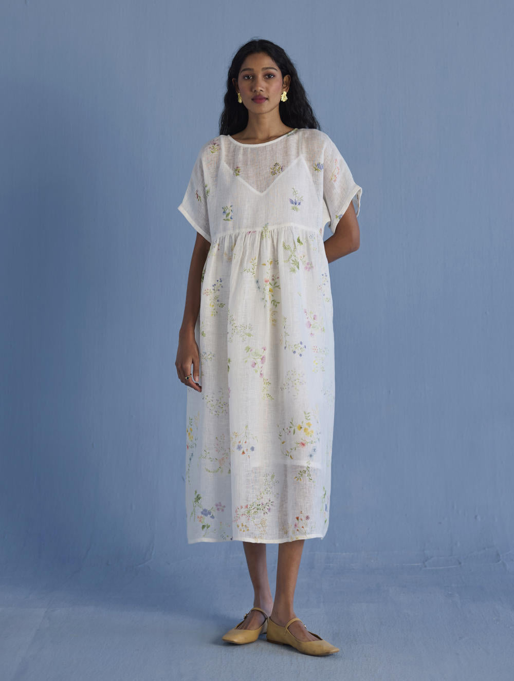 Uniko Pleated Floral Linen Dress - White