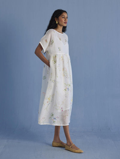 Uniko Pleated Floral Linen Dress - White