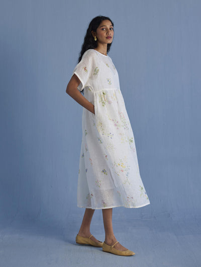 Uniko Pleated Floral Linen Dress - White