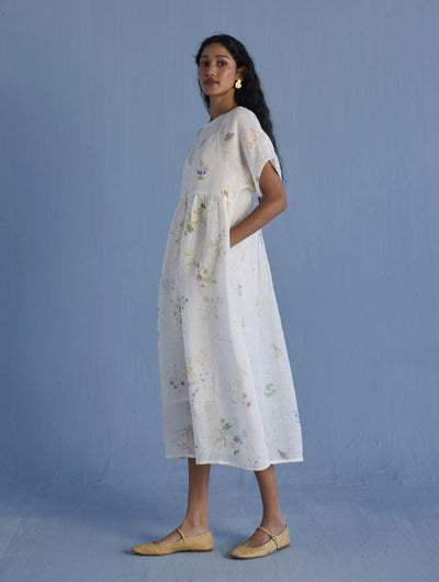 Uniko Pleated Floral Linen Dress - White