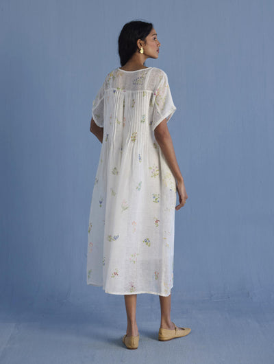 Uniko Pleated Floral Linen Dress - White