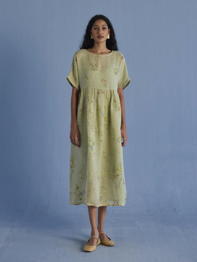 Uniko Pleated Floral Linen Dress - Mint