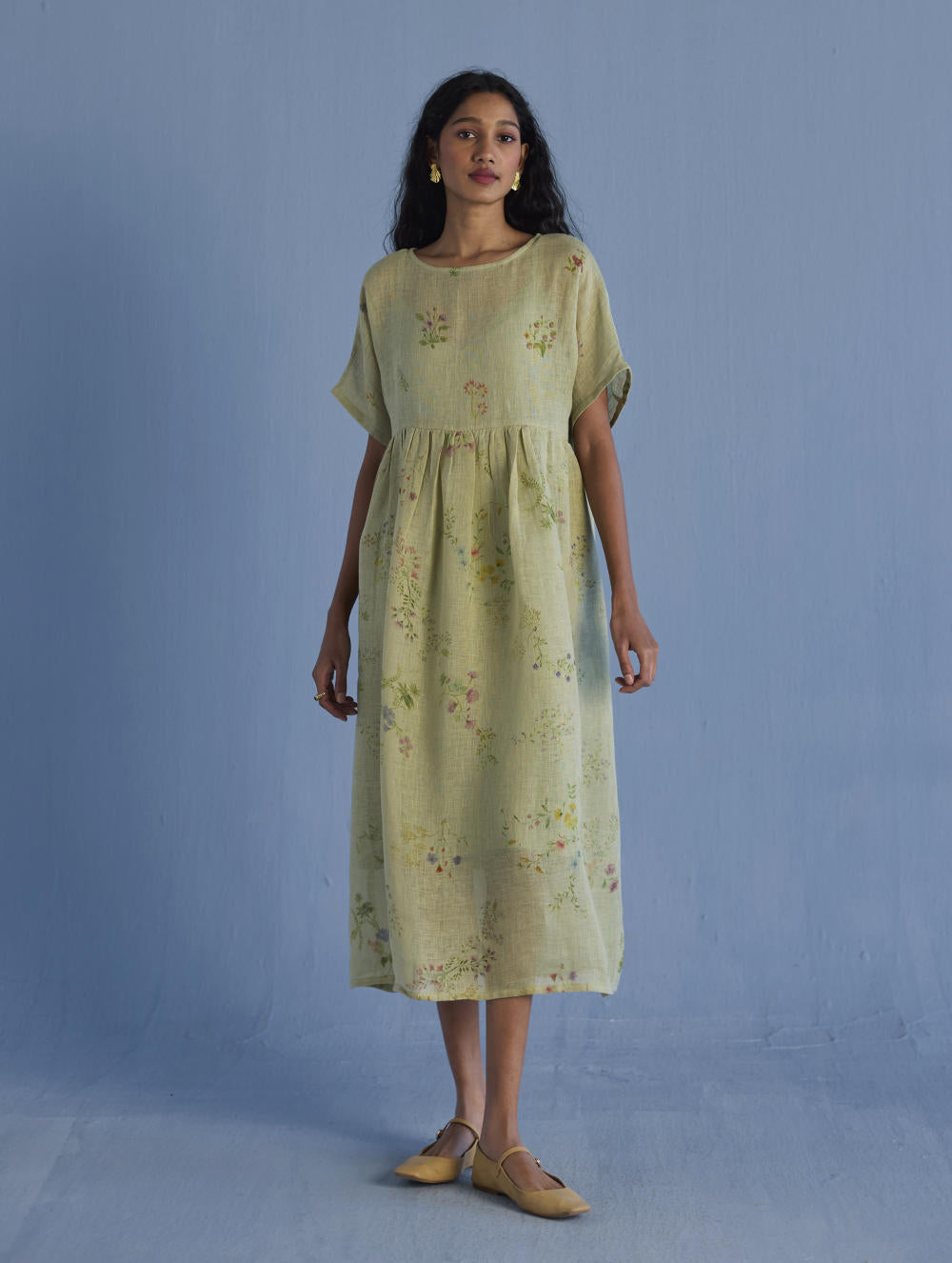 Uniko Pleated Floral Linen Dress - Mint