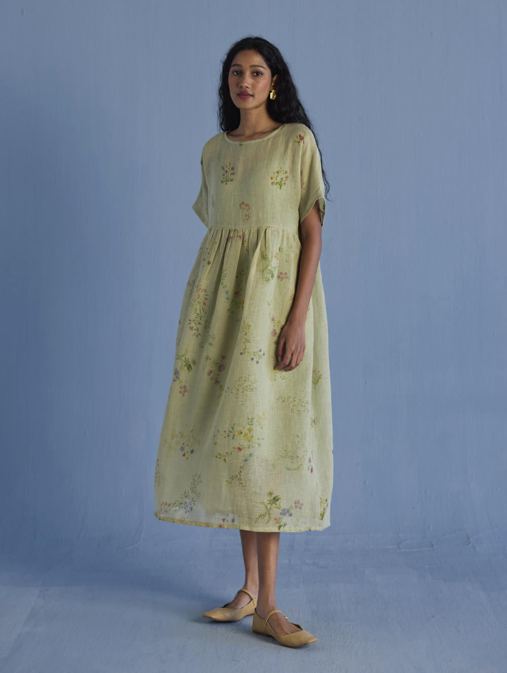 Uniko Pleated Floral Linen Dress - Mint