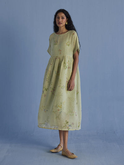 Uniko Pleated Floral Linen Dress - Mint