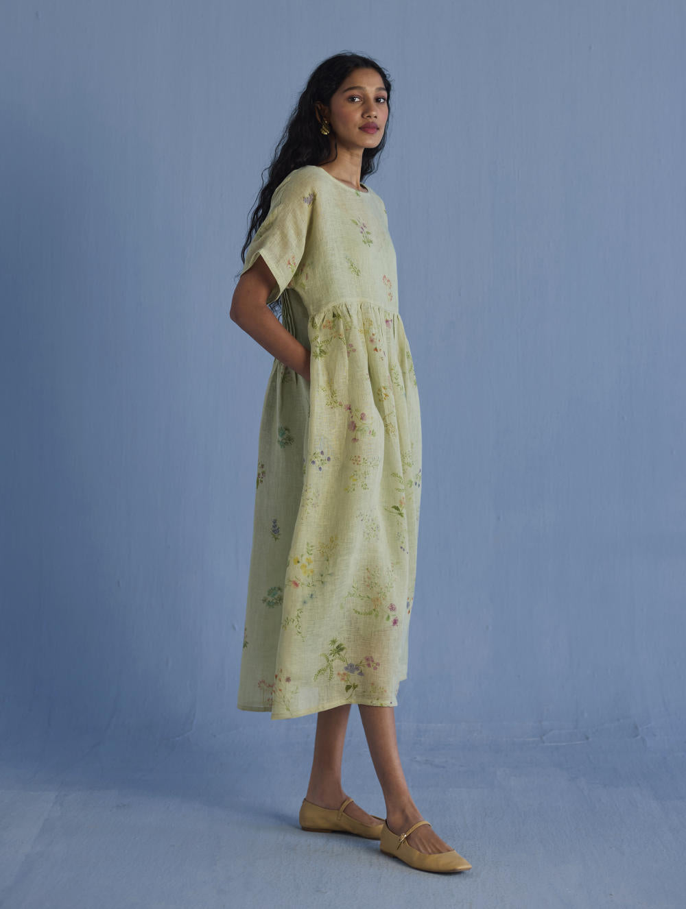 Uniko Pleated Floral Linen Dress - Mint