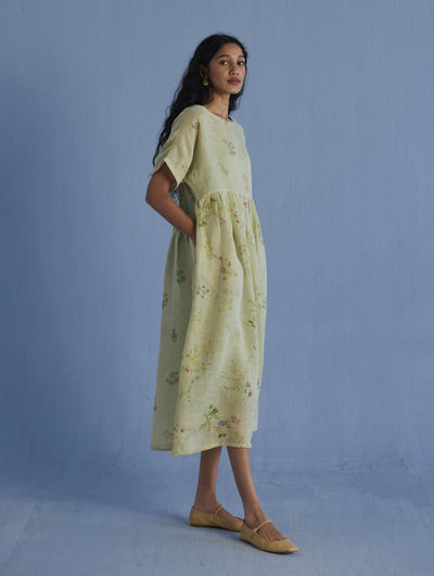 Uniko Pleated Floral Linen Dress - Mint