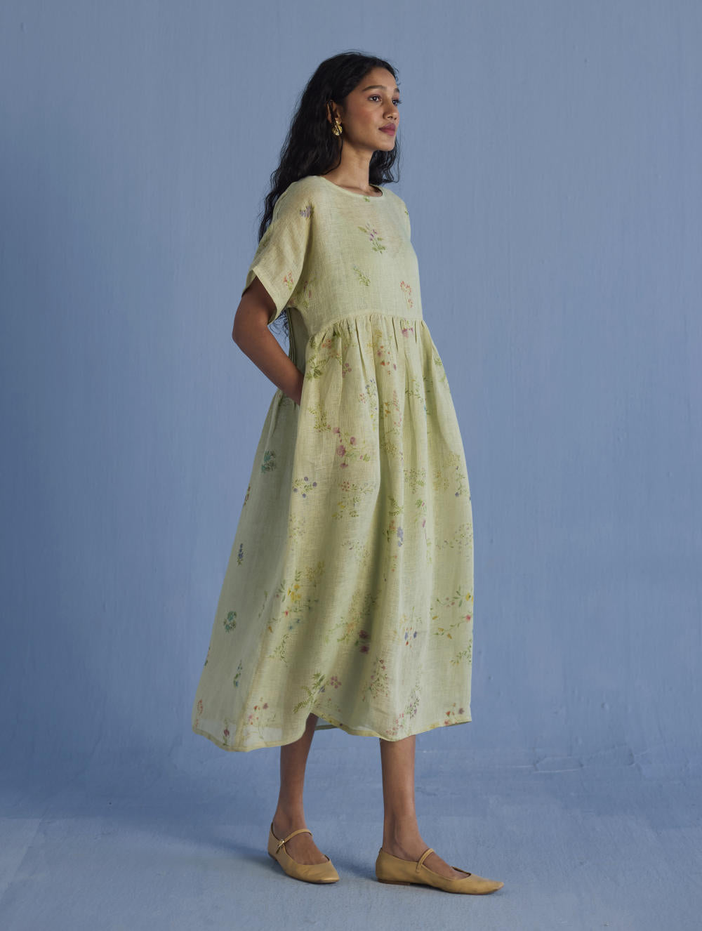 Uniko Pleated Floral Linen Dress - Mint