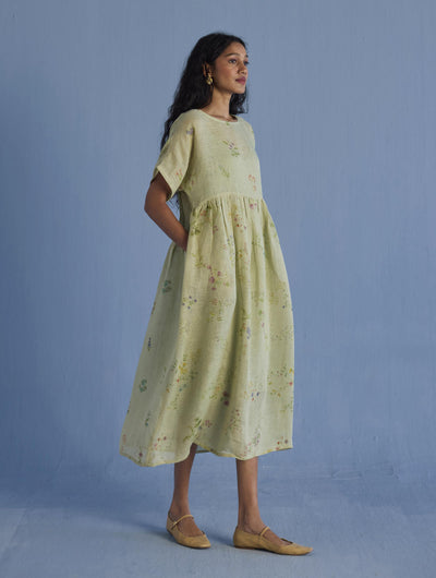 Uniko Pleated Floral Linen Dress - Mint