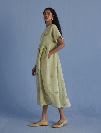 Uniko Pleated Floral Linen Dress - Mint